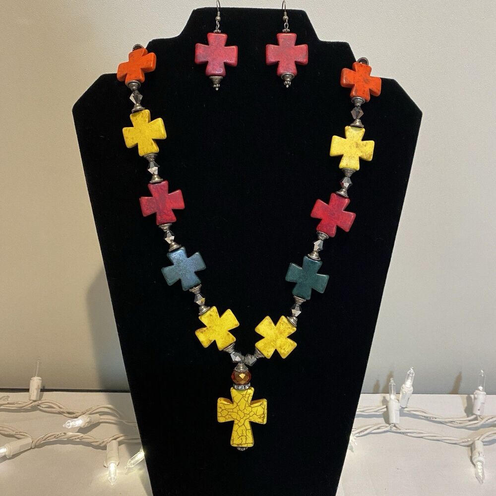 Crosses Necklace & Earrings Set, Colorful Fashion Jewelry Multicolor